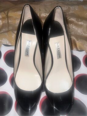 La Fenice Venezia Black Patent Leather Peep-Toe Pumps Size 10